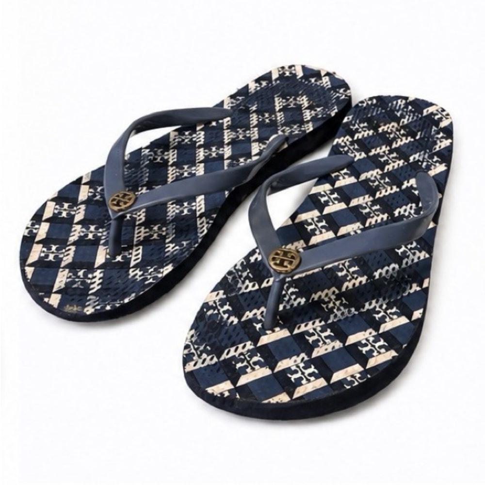 Tory Burch Flip Flops Women’s Size 8 Navy Blue Pattern Thong Sandals